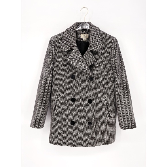 L.L BEAN Double Breasted Wool Herringbone Pea Coat 12 Petite - Picture 2 of 11